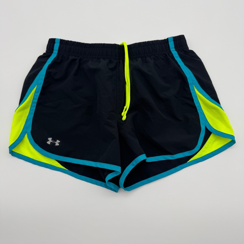 Under Armour HeatGear Womens XS Running Shorts Black Neon Yellow Teal Blue Mesh